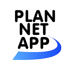 Logo PlanNetApp. Schriftzug PlanNetApp mit dem blauen Schweif aus dem SynComNetLogo darunter